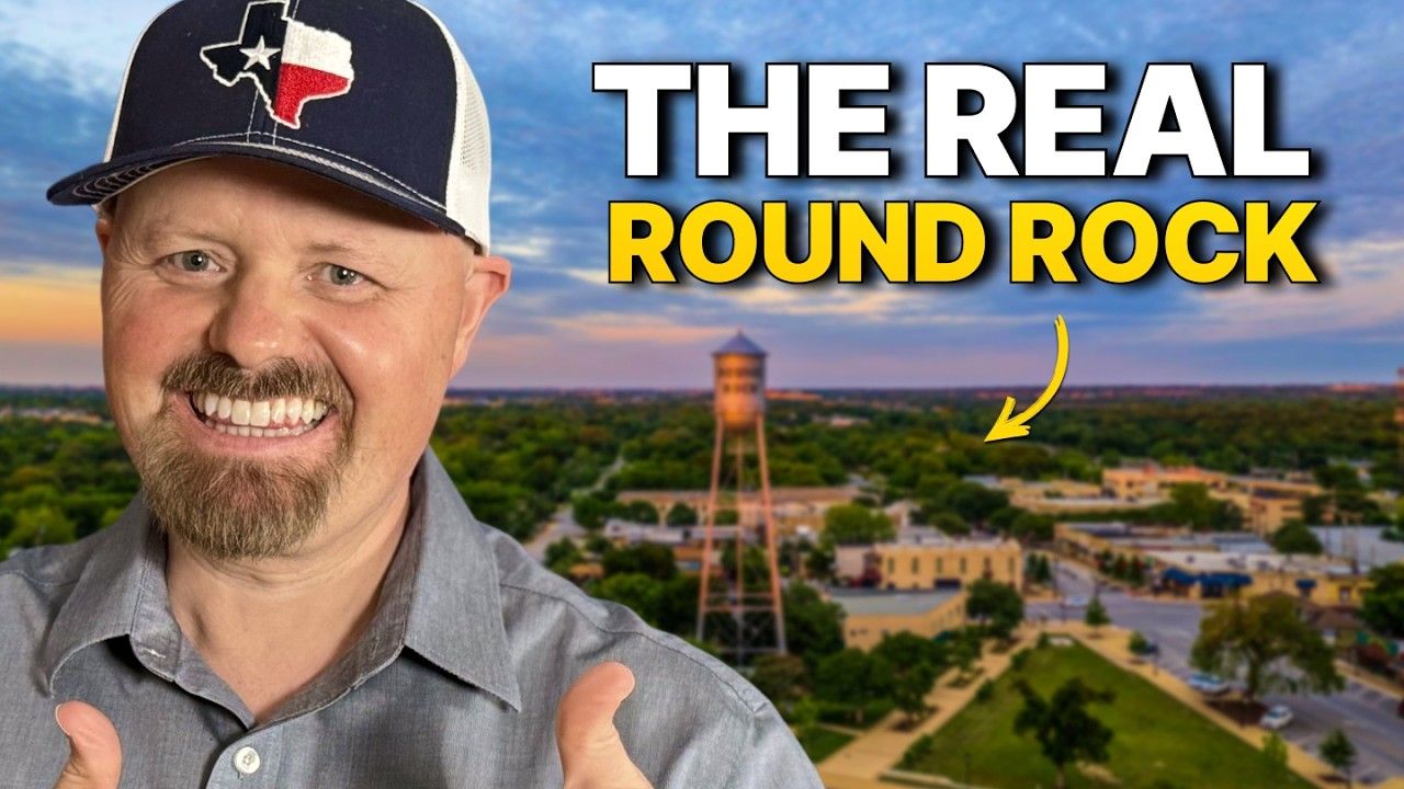 Man smiling in Texas cap beside text “THE REAL ROUND ROCK” over an aerial cityscape at sunset