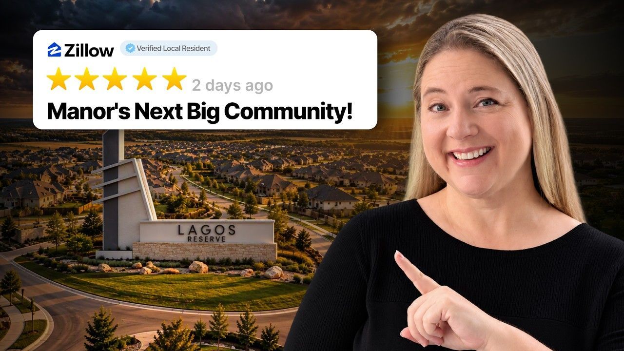 A woman gestures positively in front of a sign for Lagos Reserve, with a scenic view of the community in the background.