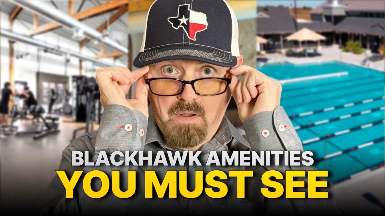 Man adjusting glasses in front of a pool with text: “BLACKHAWK AMENITIES YOU MUST SEE”