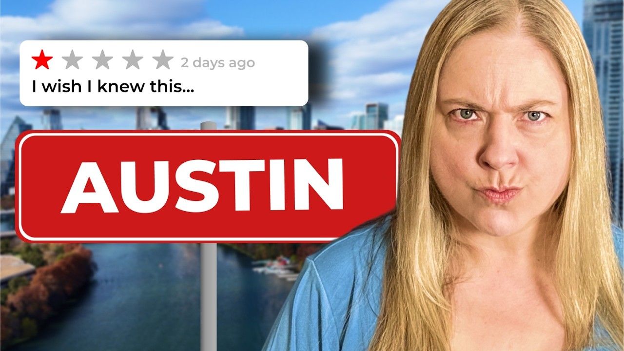 Woman with a displeased expression in front of an Austin, TX sign and a negative review.