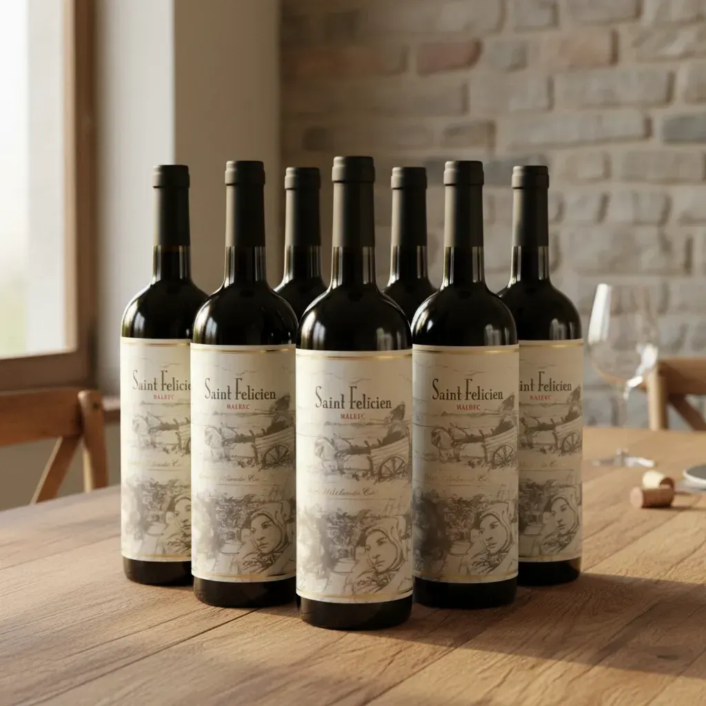 Seis botellas de vino oscuro con etiquetas color crema dispuestas sobre una mesa de madera en una habitación luminosa.