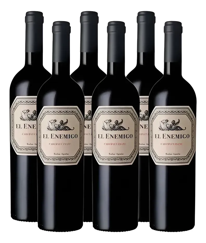 Botella de vino tinto sobre una barra de madera con botellas de licor borrosas al fondo.