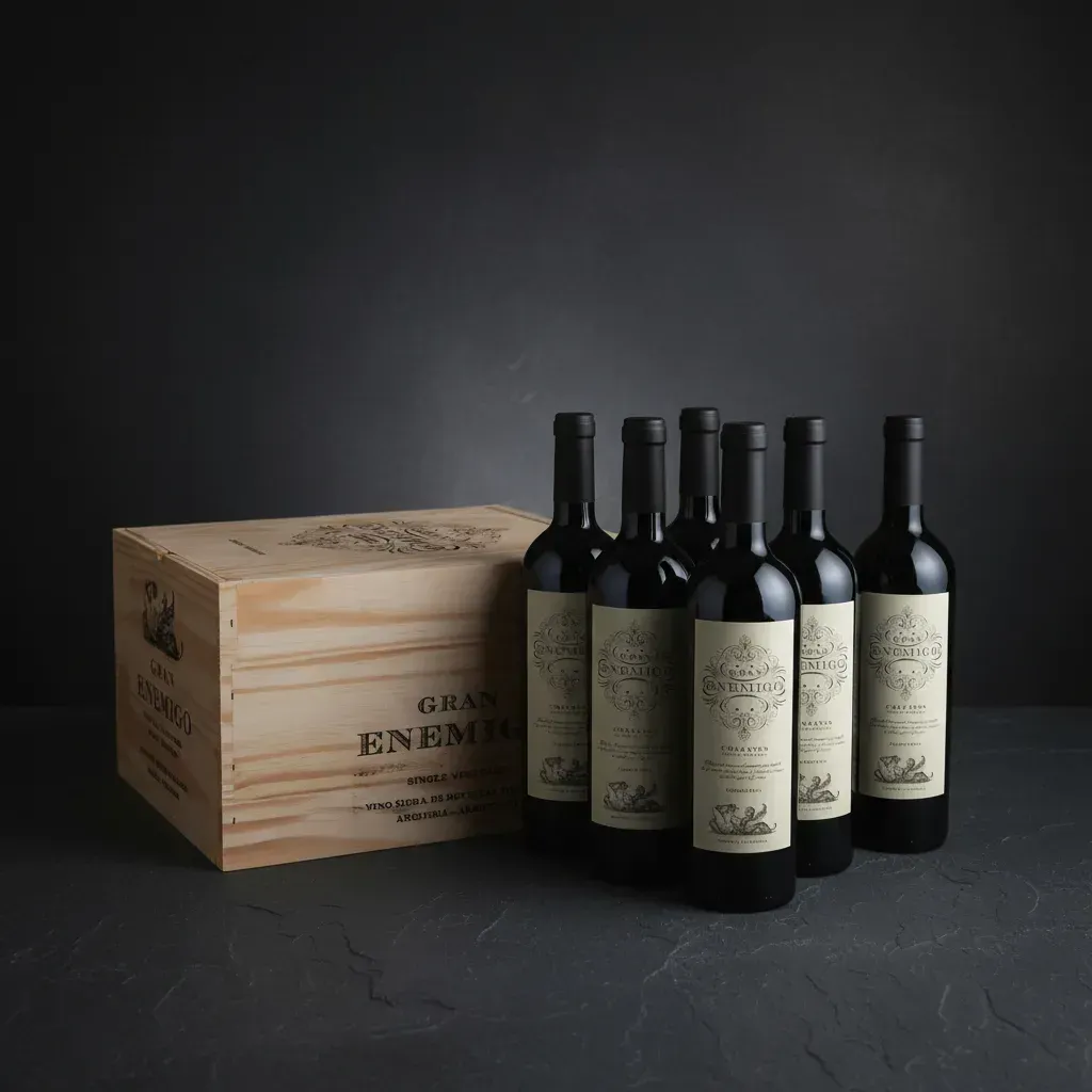 Caja de madera para vino junto a cinco botellas de vino oscuro sobre un fondo negro.