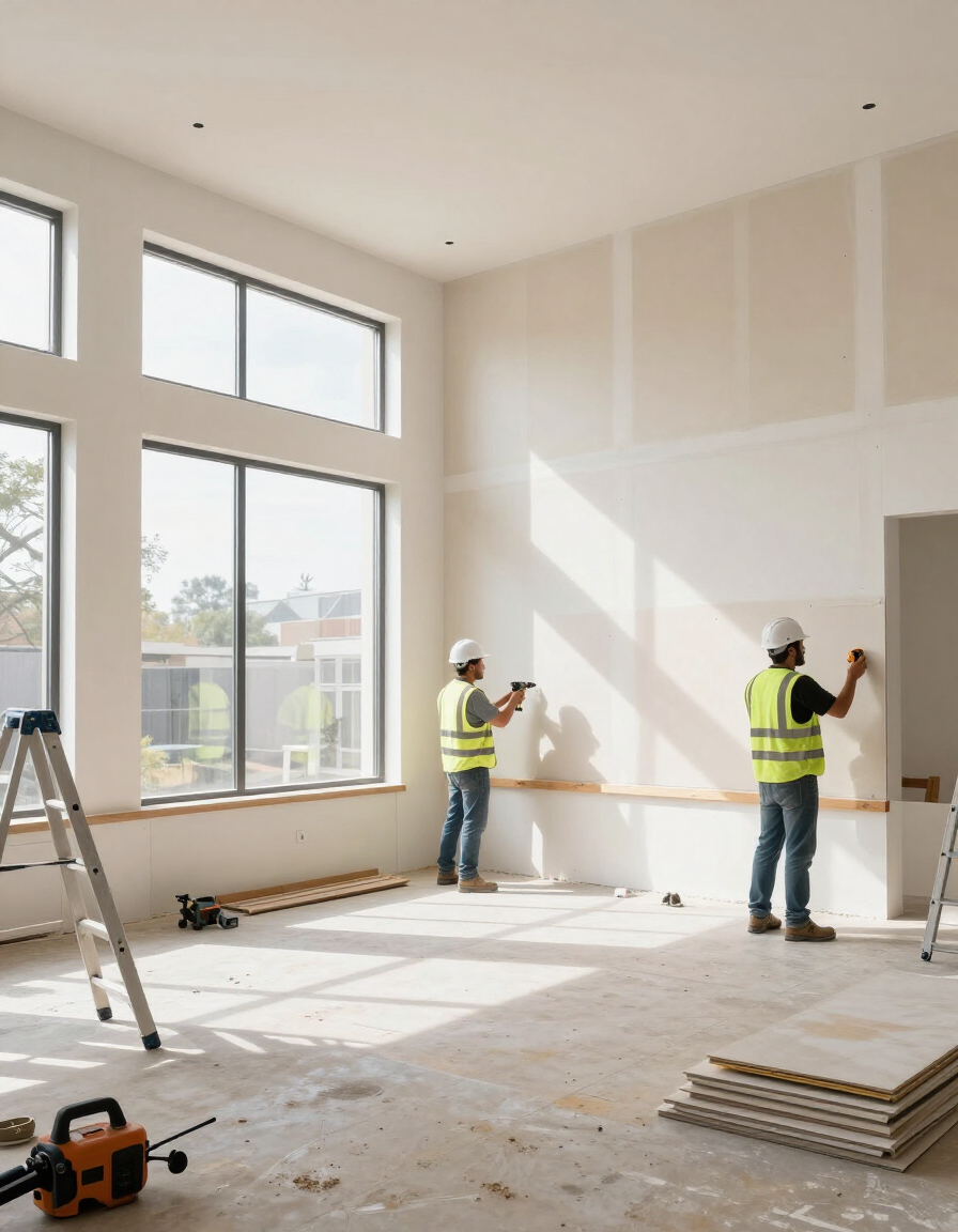Reforma en proceso: instalación de pladur en interior residencial