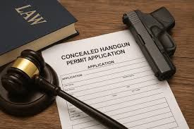 Handgun, permit application, and gavel on a wooden desk with a law book.