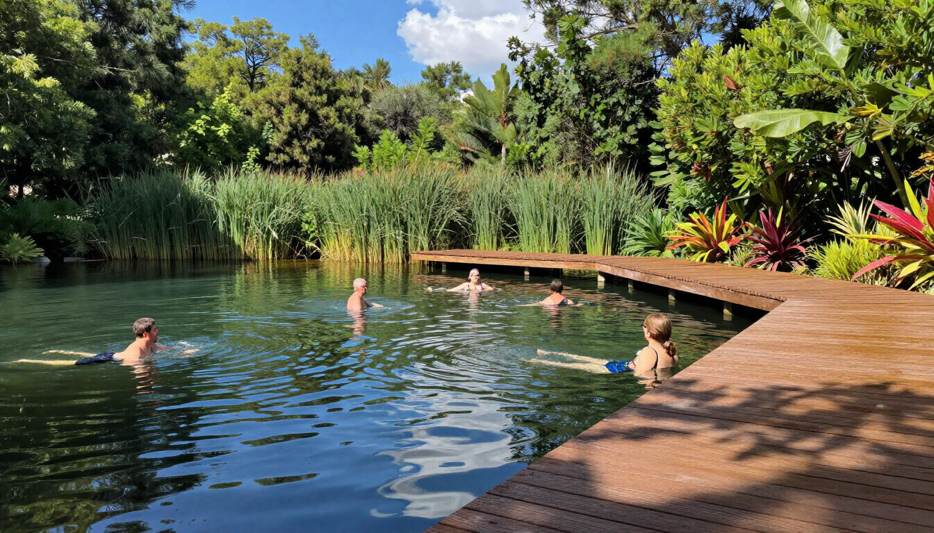 Natural pool with swimmers and wooden walkway