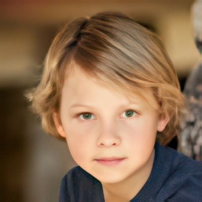 A young boy with blonde hair and green eyes is wearing a blue shirt