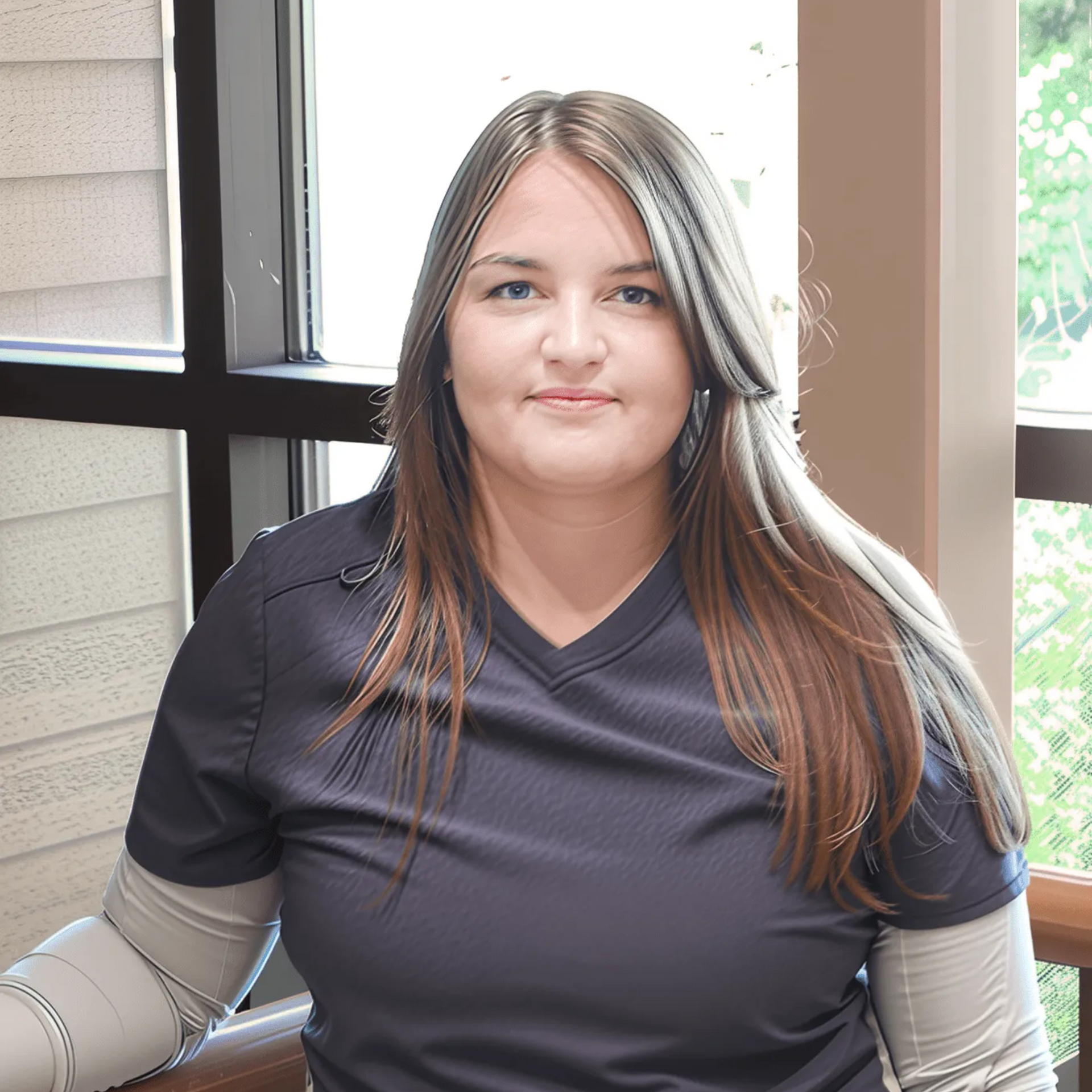 Woman in gray scrubs smiles in a windowed space; arms are resting on a ledge.