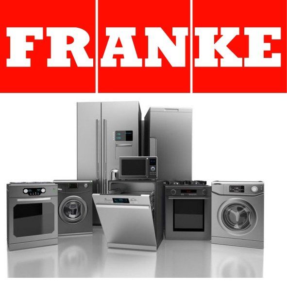 Logo Franke sopra una serie di elettrodomestici da cucina in acciaio inossidabile su sfondo bianco.