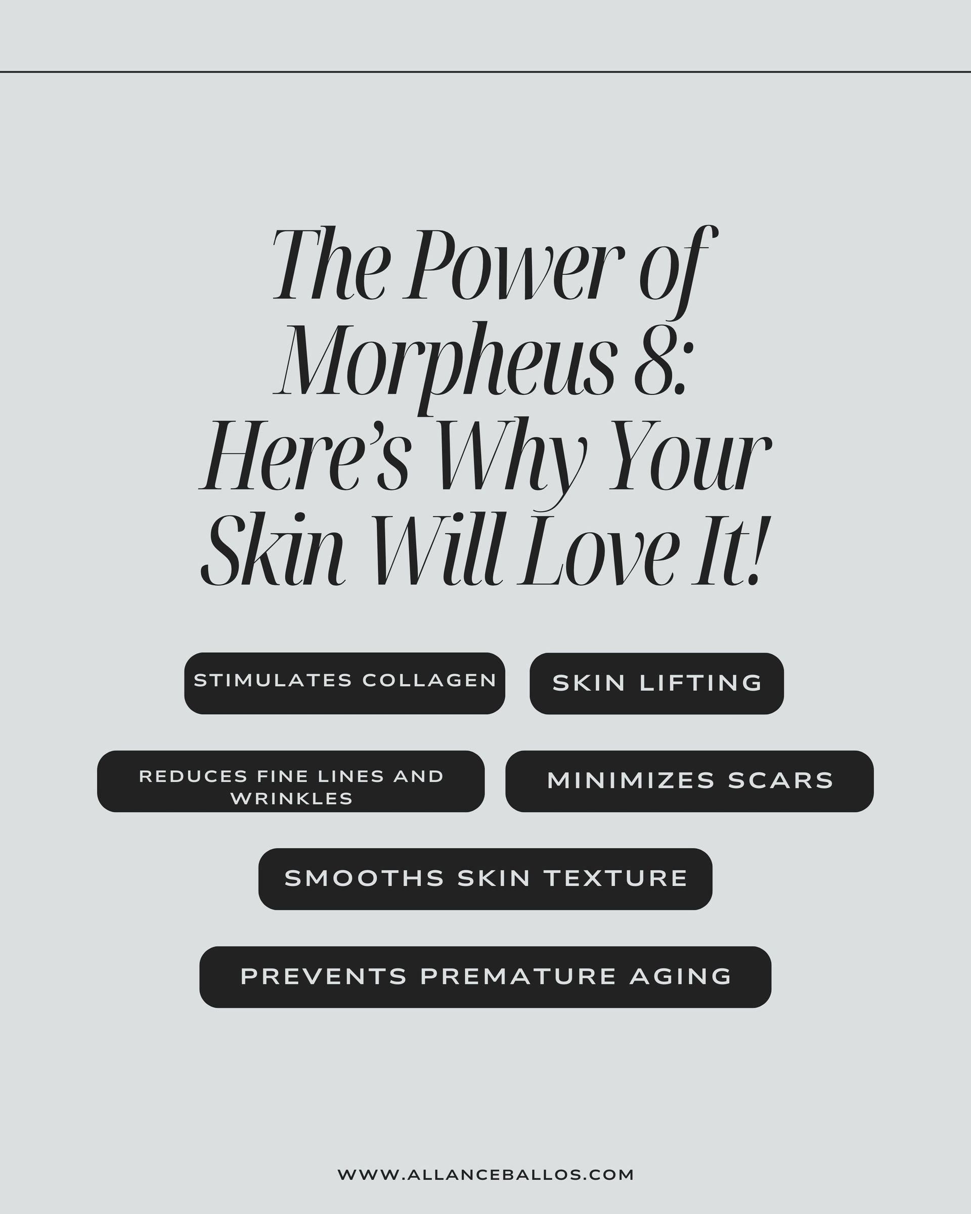 El poder de Morpheus: por qué a tu piel le encantará, con insignias de características sobre un fondo gris.