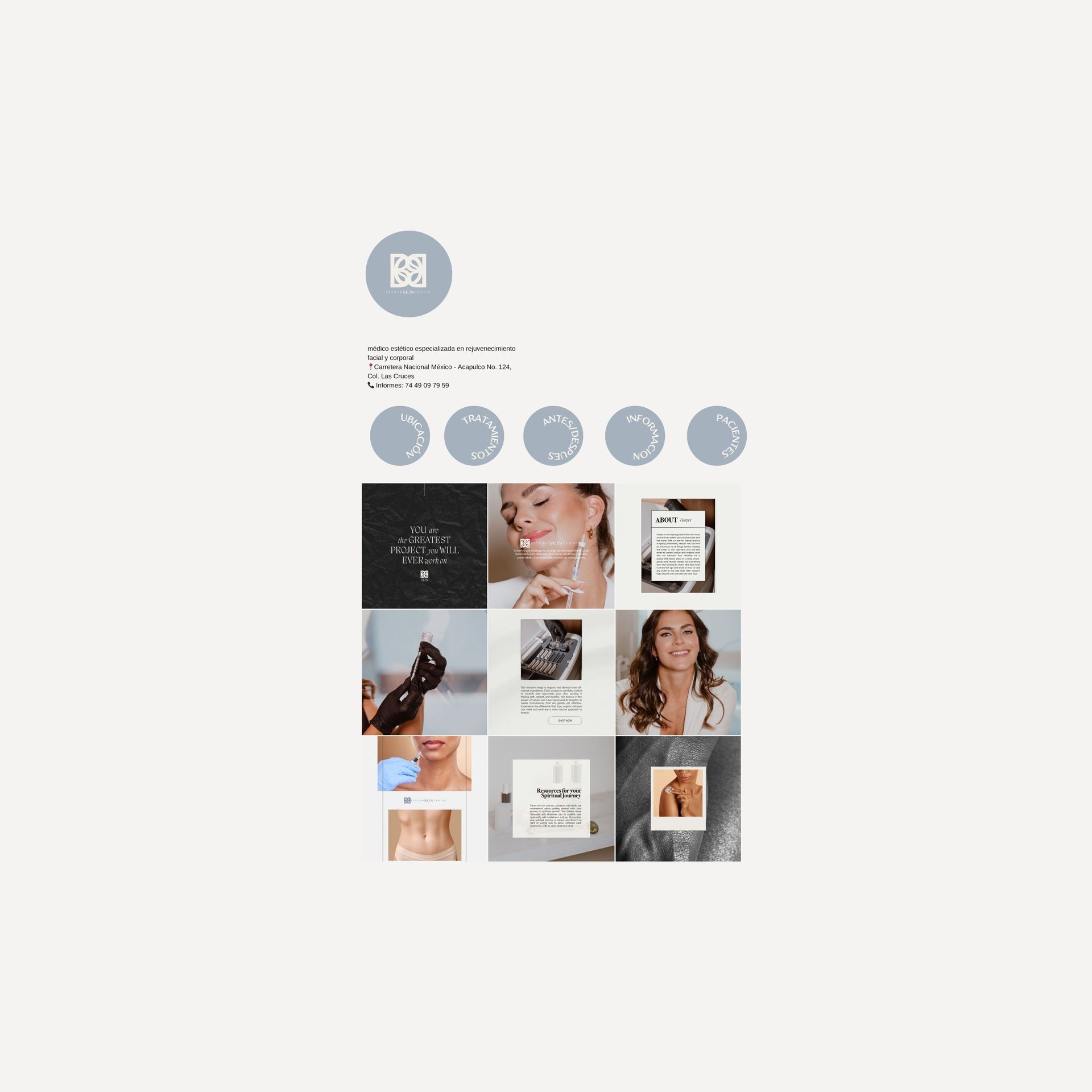Tablero de inspiración minimalista para redes sociales con iconos circulares y un collage de fotos sobre un fondo blanco.