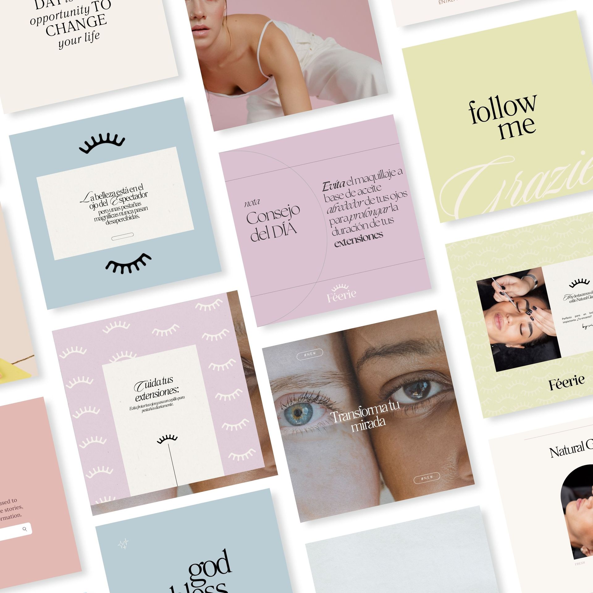 Collage de tarjetas con citas de redes sociales en tonos pastel y fotos estéticas en tonos rosa, azul y crema.