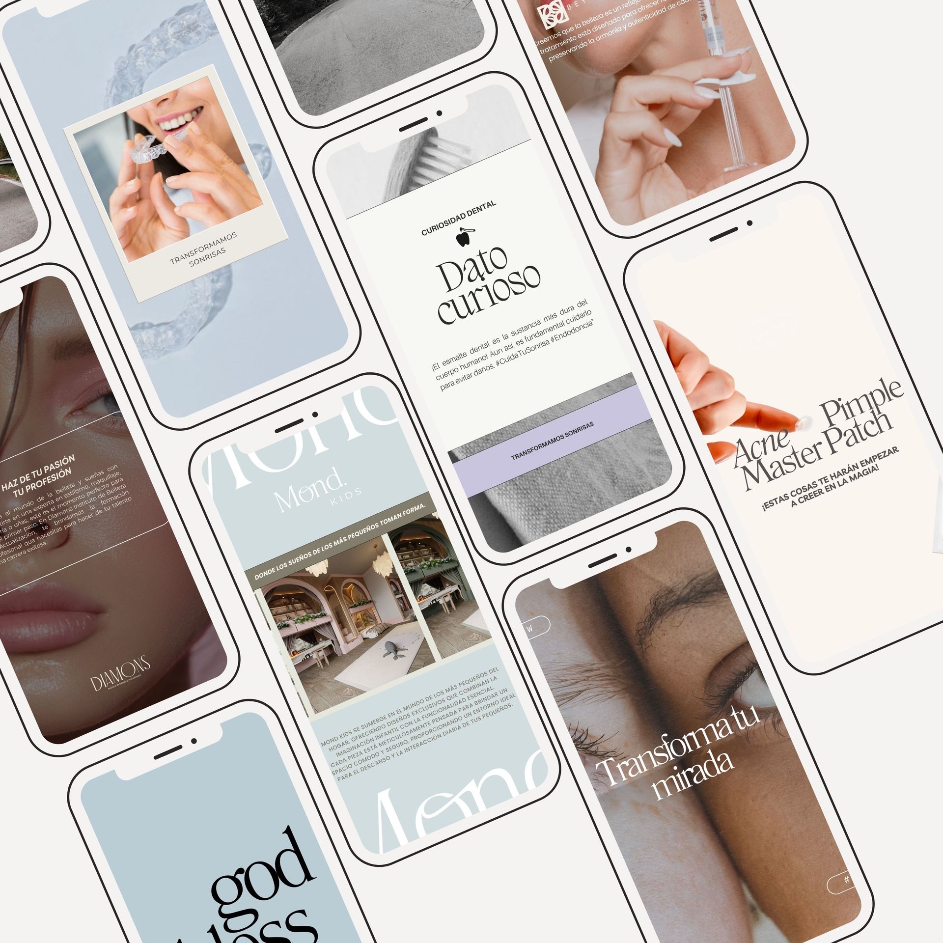 Collage de diseños en tonos pastel al estilo de las revistas de belleza y cuidado de la piel, con primeros planos de manos, rostros y productos.
