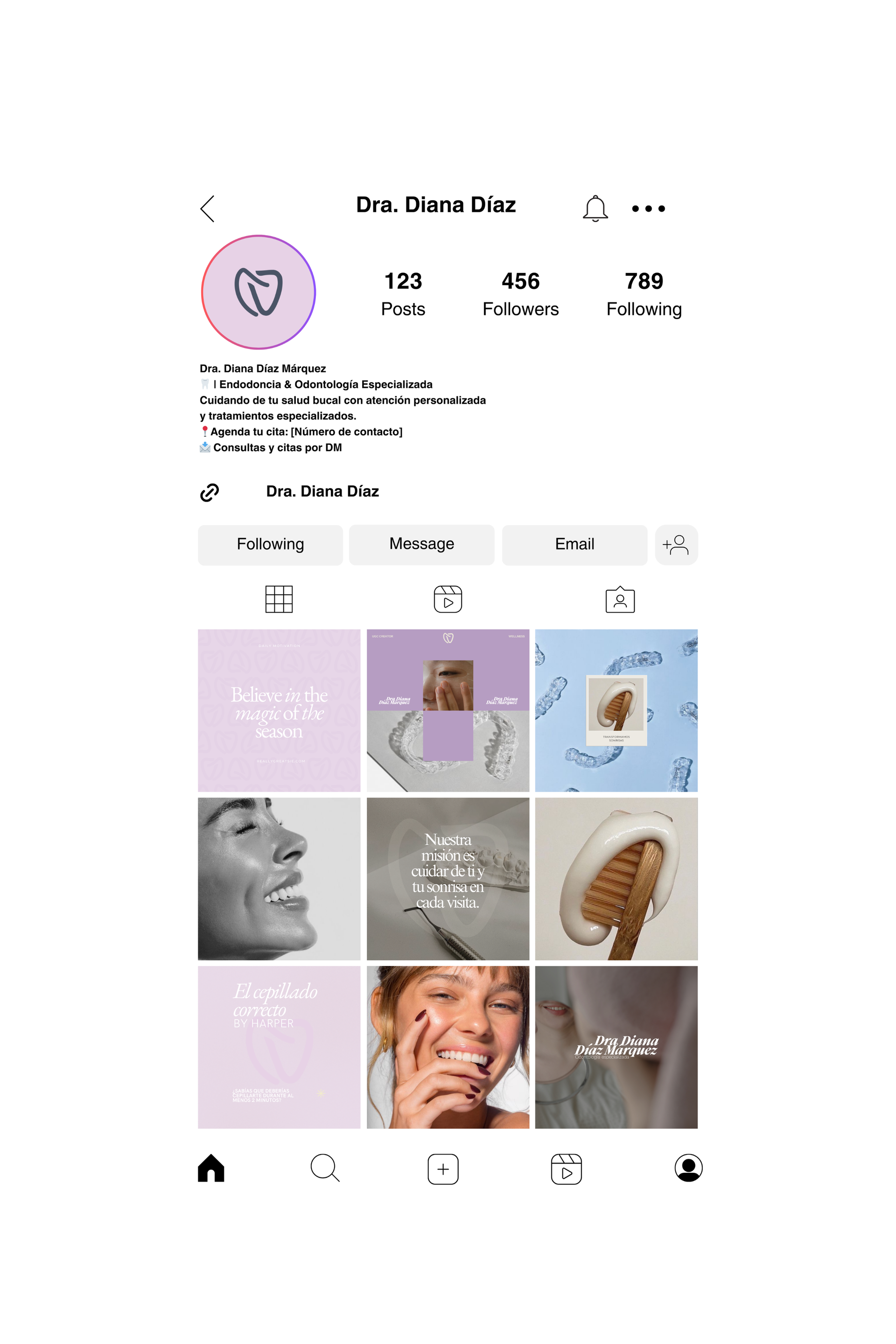 Página de perfil de Instagram que muestra una cuadrícula de arte en tonos pastel con publicaciones sobre cuidado de la piel y una miniatura de retrato.