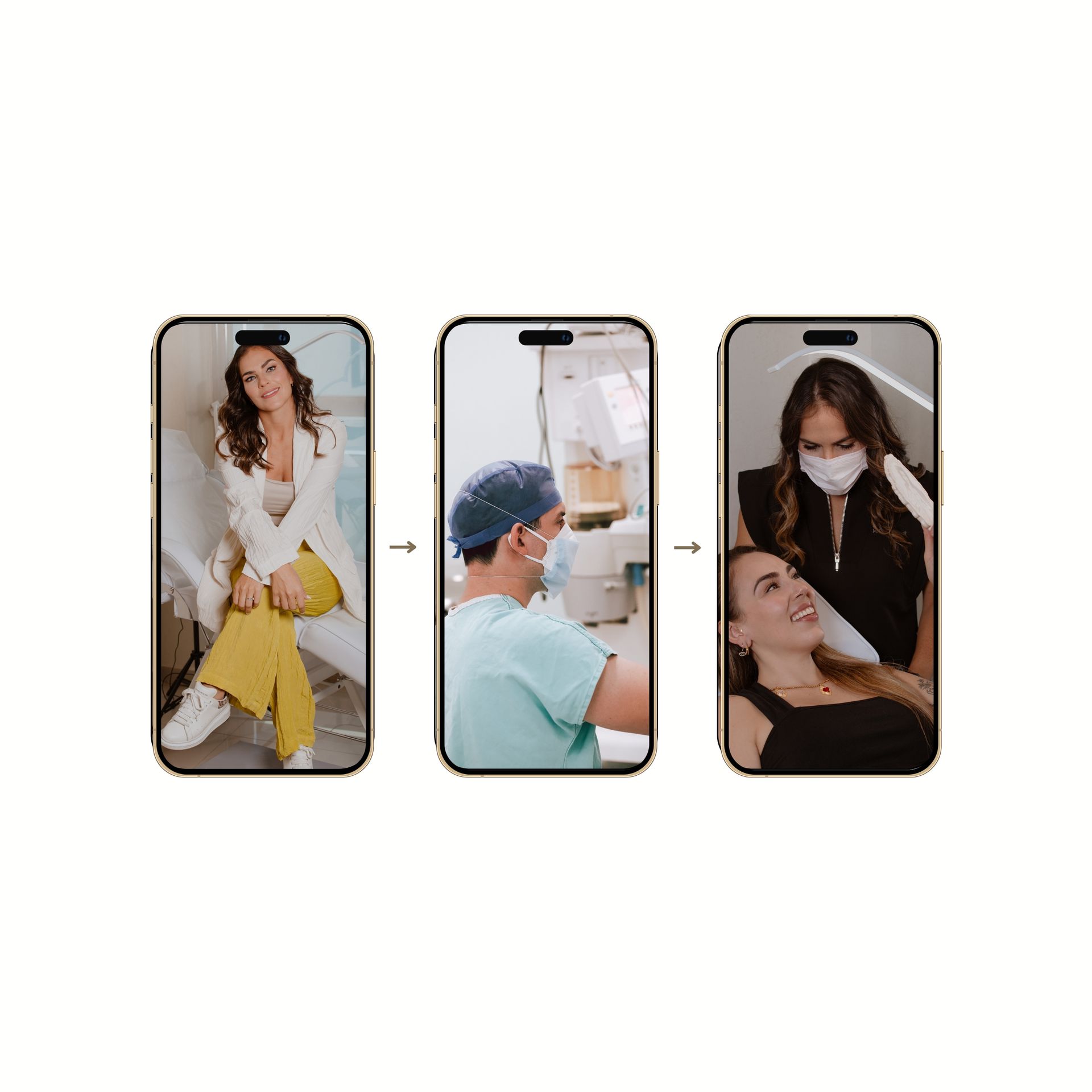 Tres pantallas de teléfono que muestran escenas de un salón de belleza: posando con bolsas amarillas, tratamiento intravenoso y un tratamiento con mascarilla facial.