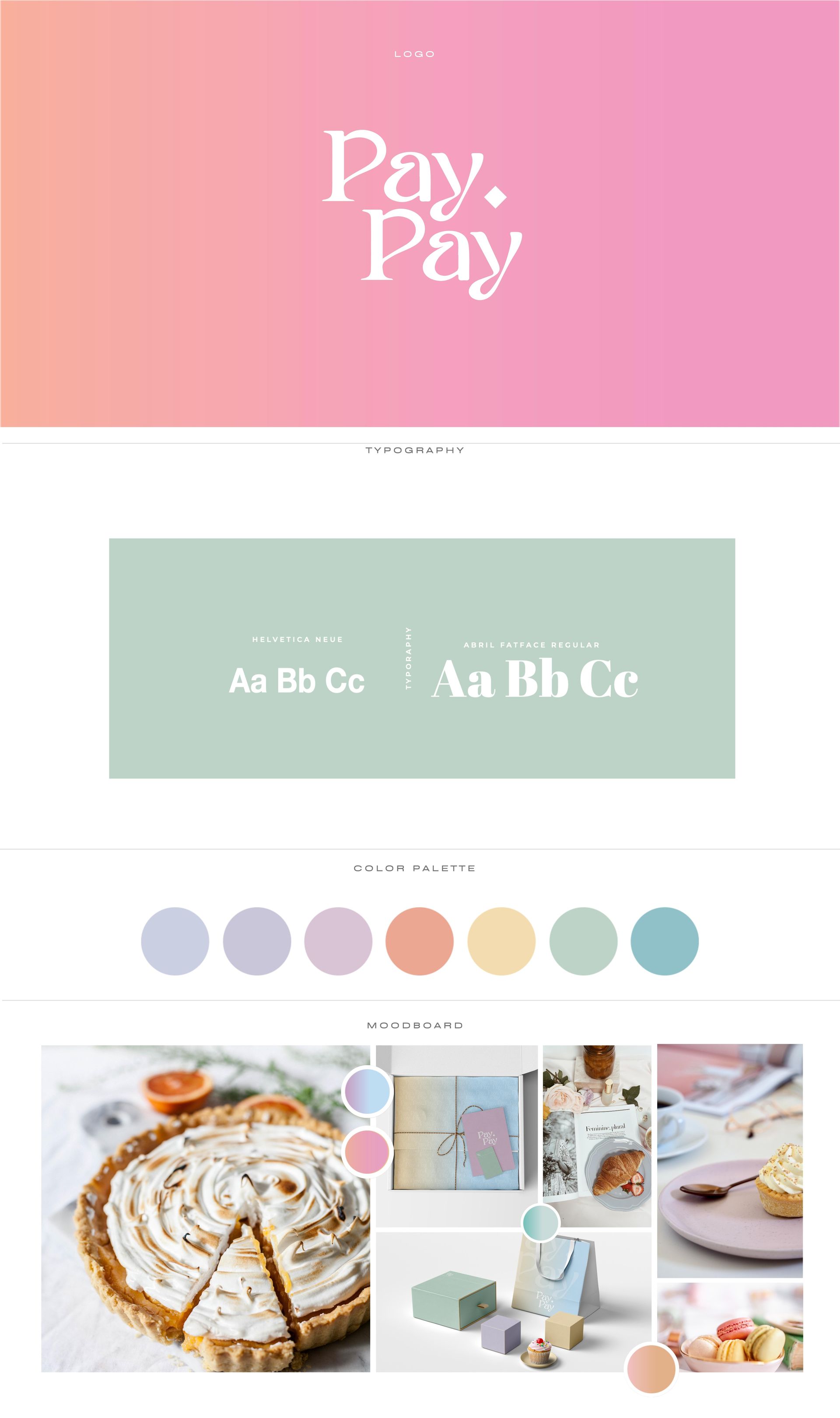 Panel de inspiración de marca en tonos pastel con logotipo, tipografía, muestras de color y fotos con temática de postres.