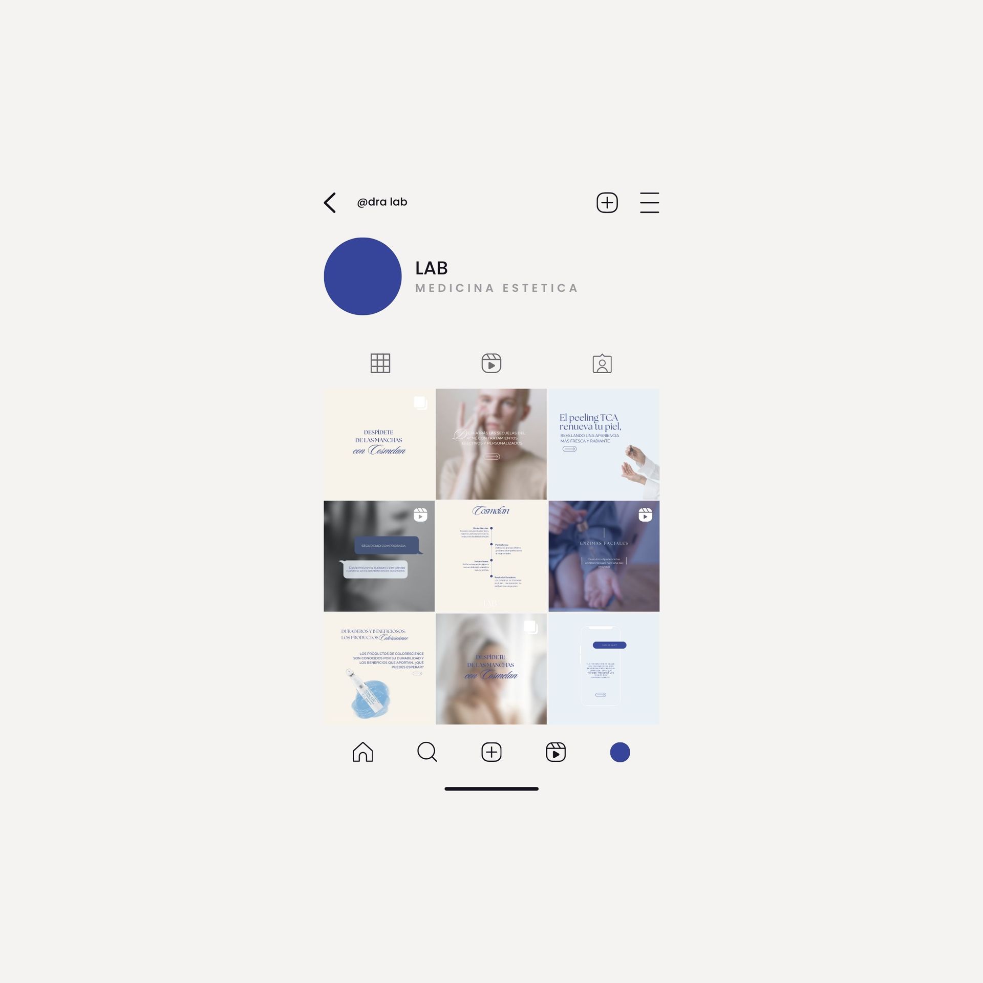 Página de perfil de la aplicación móvil con un avatar azul y una cuadrícula de publicaciones de fotos sobre un fondo blanco.