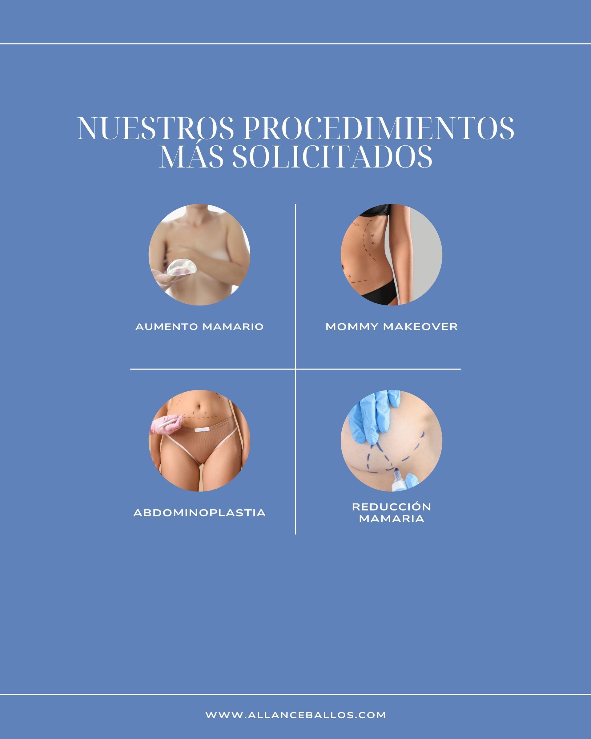 Cartel azul titulado “Nuestros productos y las solicitudes” con cuatro fotos circulares de productos y pequeñas etiquetas.