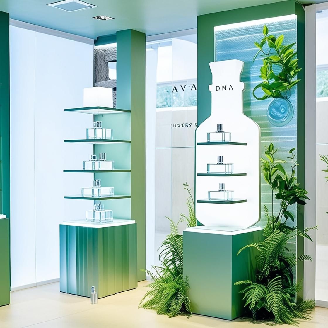 Exhibición moderna de productos en verde y blanco con estantes, botellas y plantas en una sala de exposición luminosa.