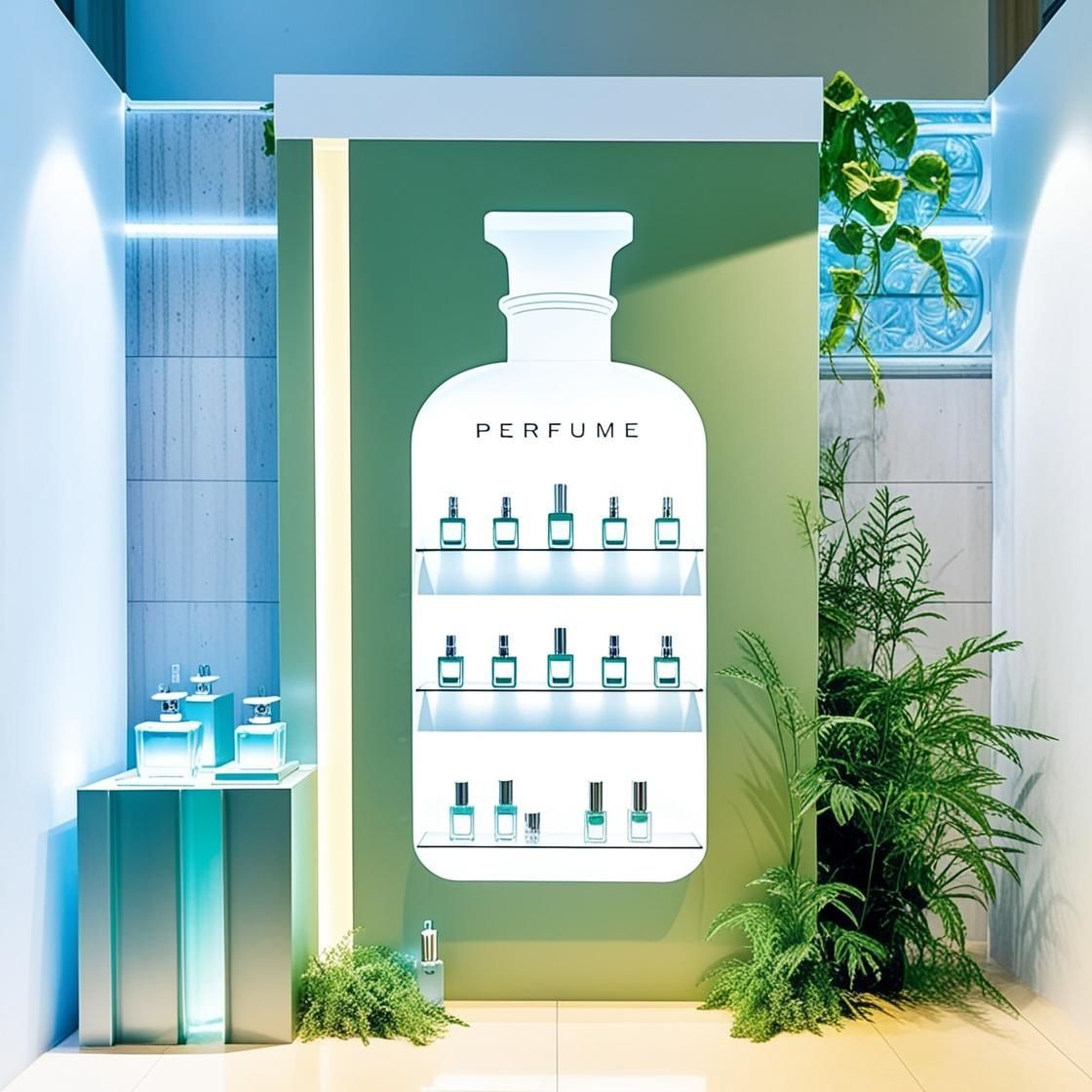 Expositor de perfumes moderno de color blanco con detalles azules, frascos en estantes y plantas verdes en una sala de exposición luminosa.