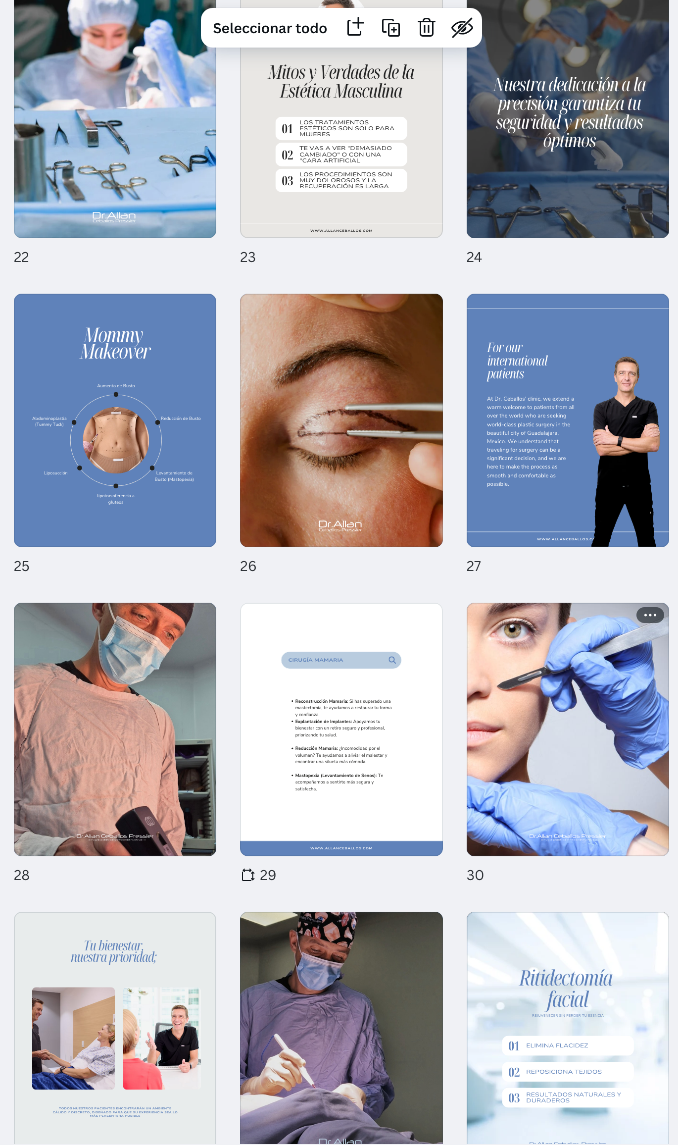 Collage de escenas de clínicas médicas y de cuidado de la piel con médicos, primeros planos de tratamientos y paneles de texto promocionales.