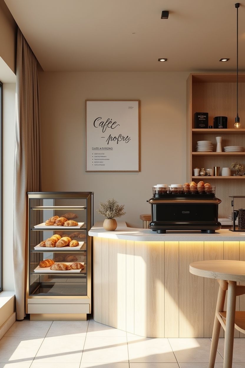 Acogedora barra de cafetería con pasteles, máquina de espresso y cálidas estanterías de madera bañadas por una suave luz natural.