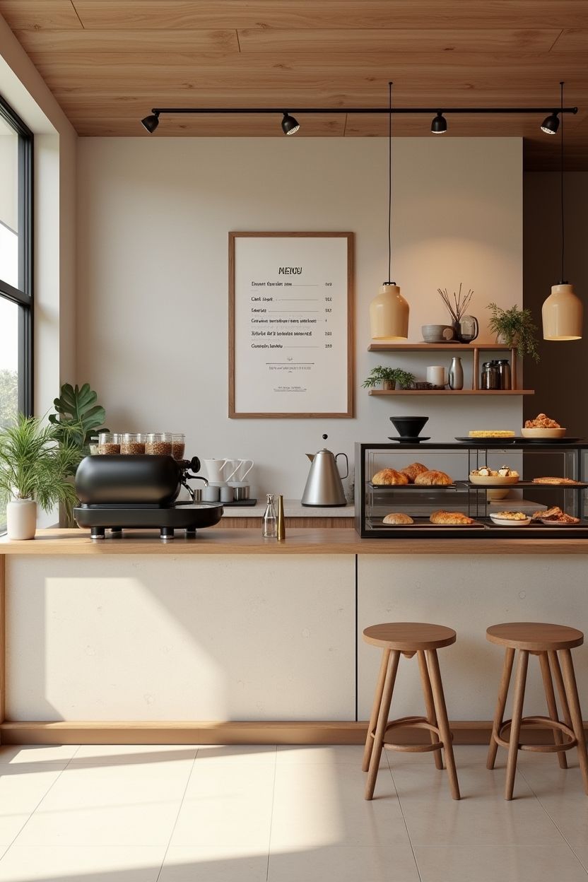 Barra de cafetería moderna y acogedora con pasteles, máquina de espresso, taburetes y un cálido interior de madera.