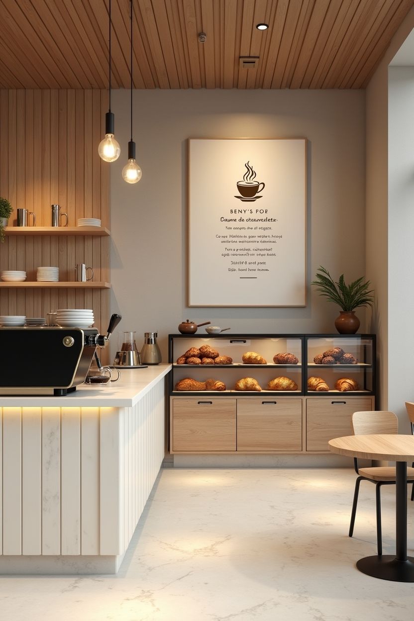 Mostrador de panadería moderno con pasteles, estanterías de madera cálida y un menú minimalista enmarcado en la pared.
