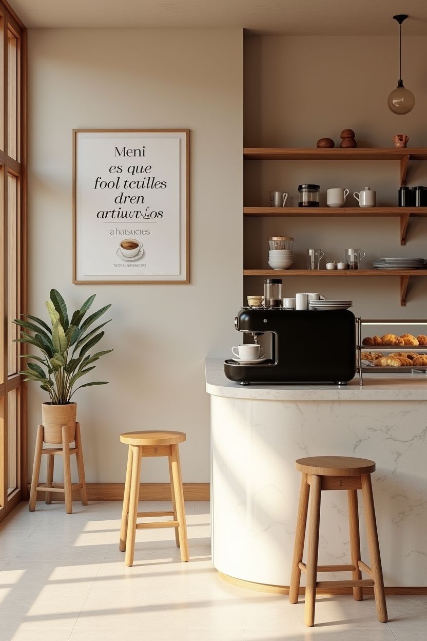 Un luminoso rincón de cafetería minimalista con estanterías, máquina de café, taburetes y luz natural en el suelo.