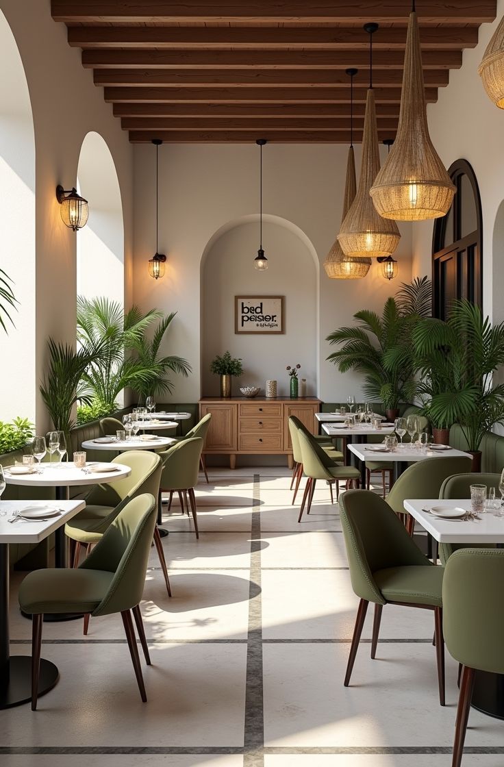 Comedor moderno y luminoso con sillas verdes, vajilla blanca, plantas y paredes arqueadas.