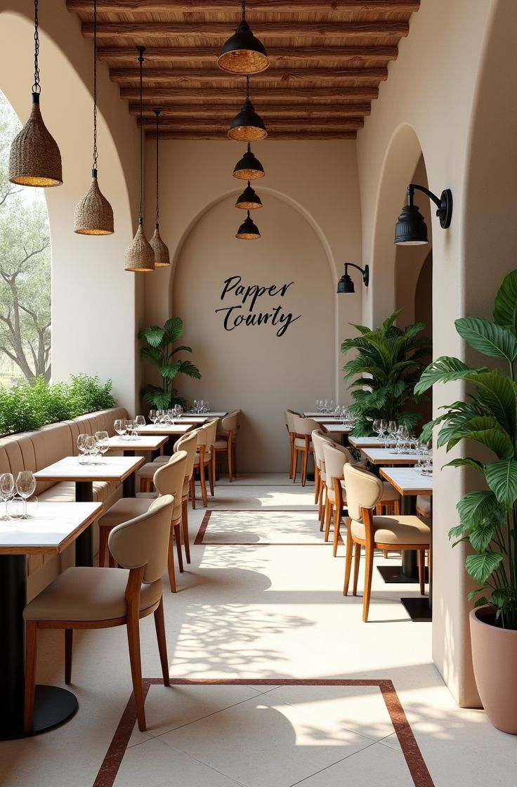 Interior acogedor de una cafetería con mesas de madera, lámparas colgantes, paredes arqueadas y plantas en macetas a lo largo de un pasillo soleado.