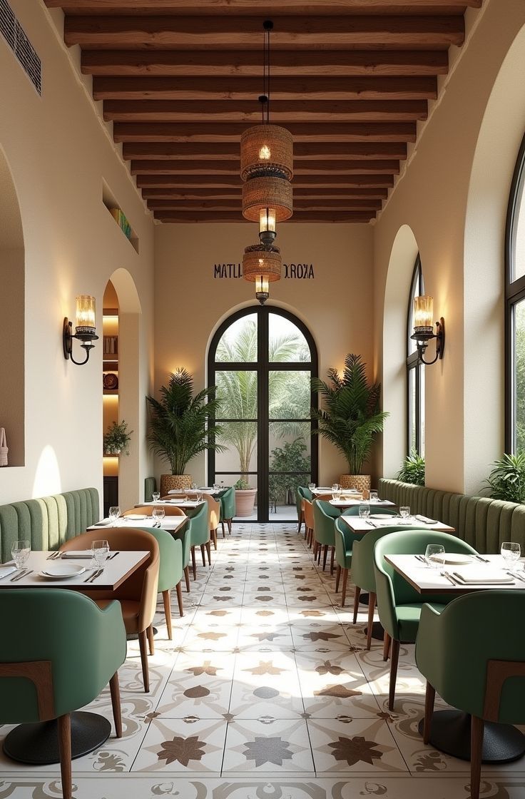 Elegante comedor de restaurante con sillas verdes, ventanas arqueadas, suelo de baldosas y faroles colgantes.