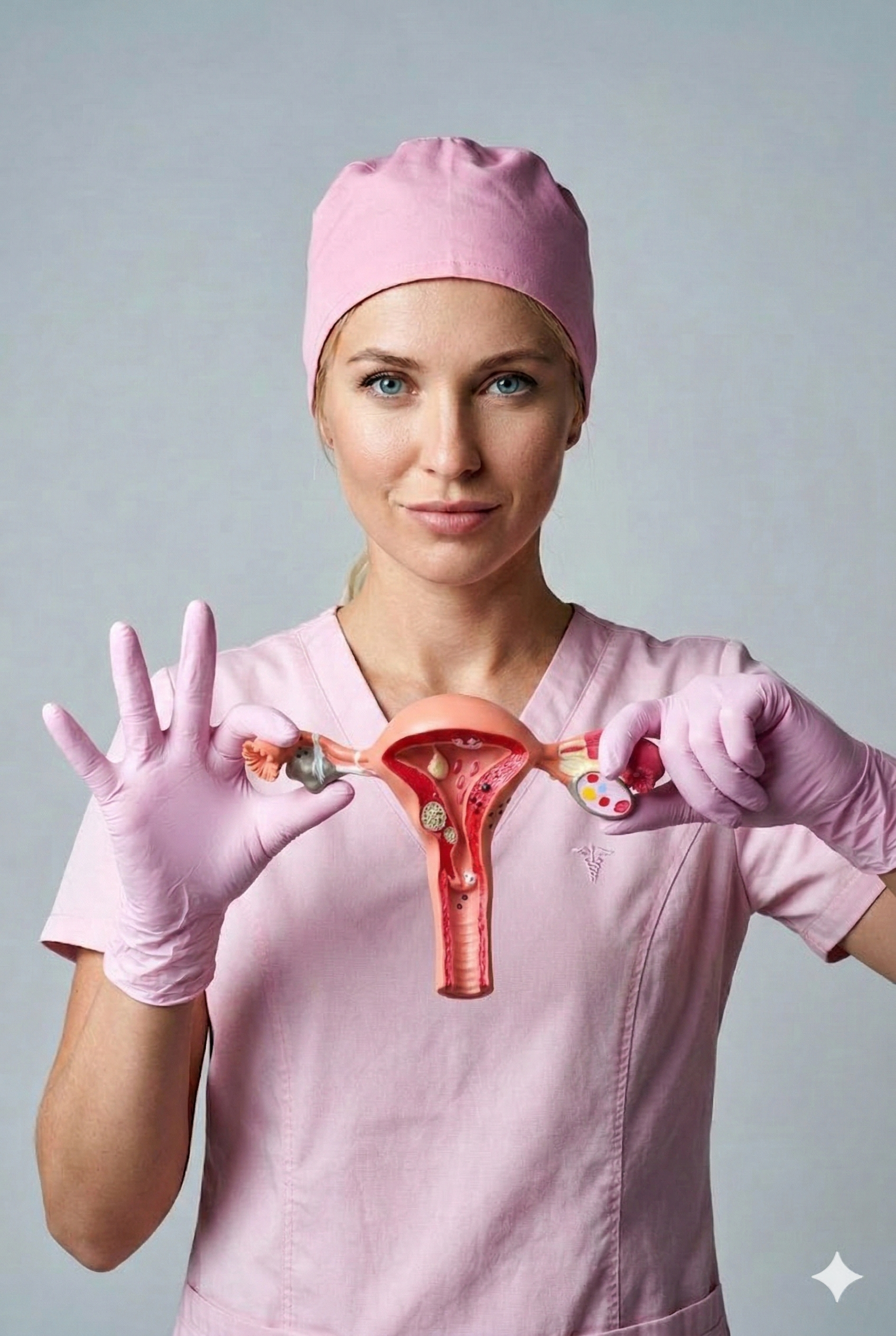 Mujer con uniforme médico rosa sosteniendo un modelo de útero y usando guantes rosas.