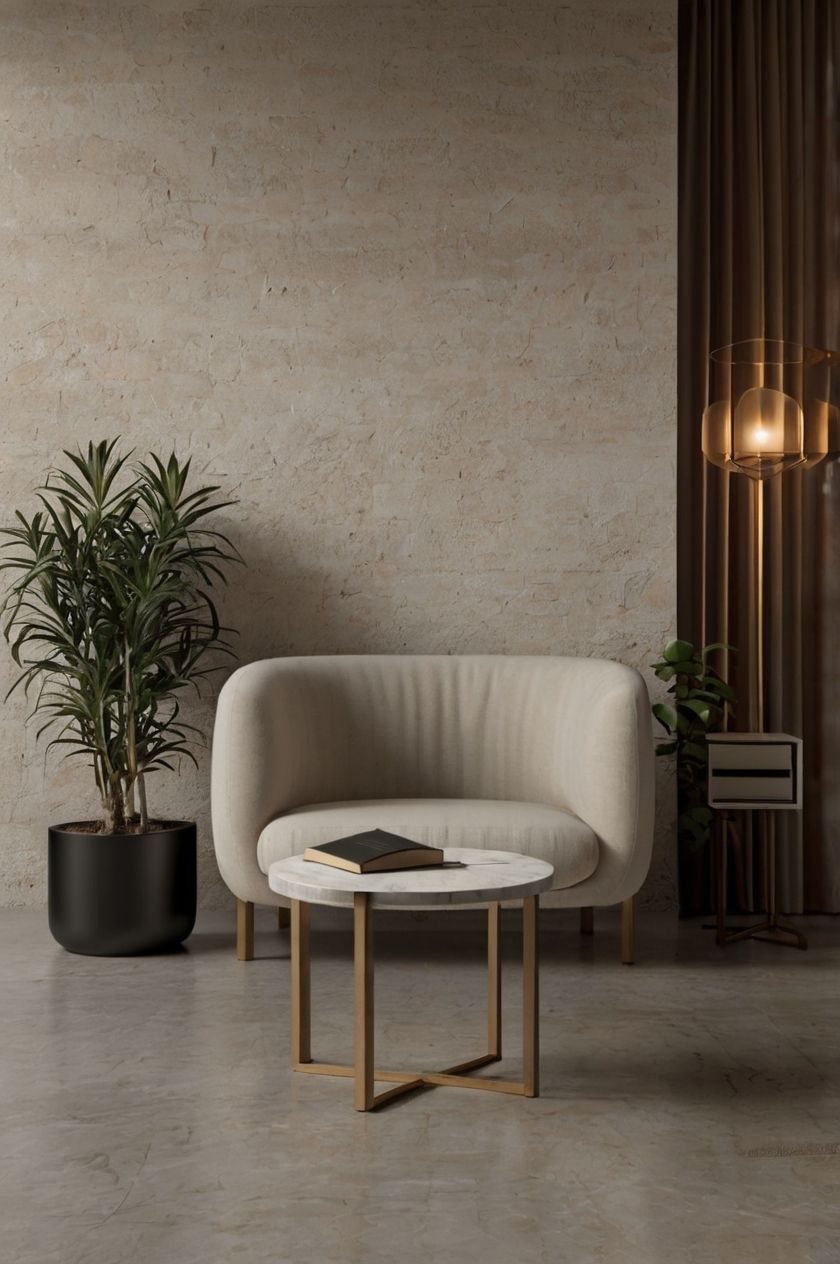 Salón minimalista con silla color crema, mesa auxiliar redonda, planta en maceta e iluminación cálida en la pared en una habitación moderna.