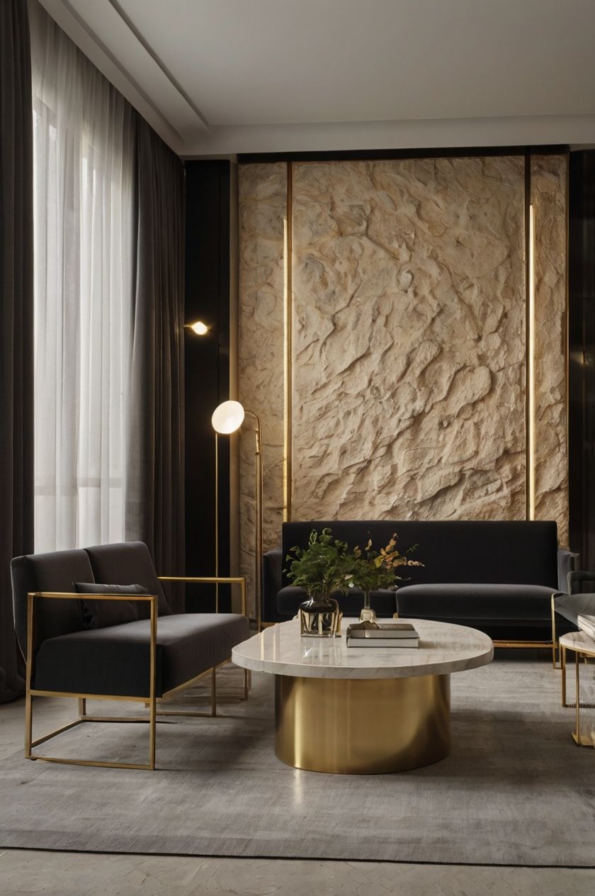 Elegante salón moderno con una pared texturizada en color dorado, sillas negras y una mesa de centro redonda de mármol.