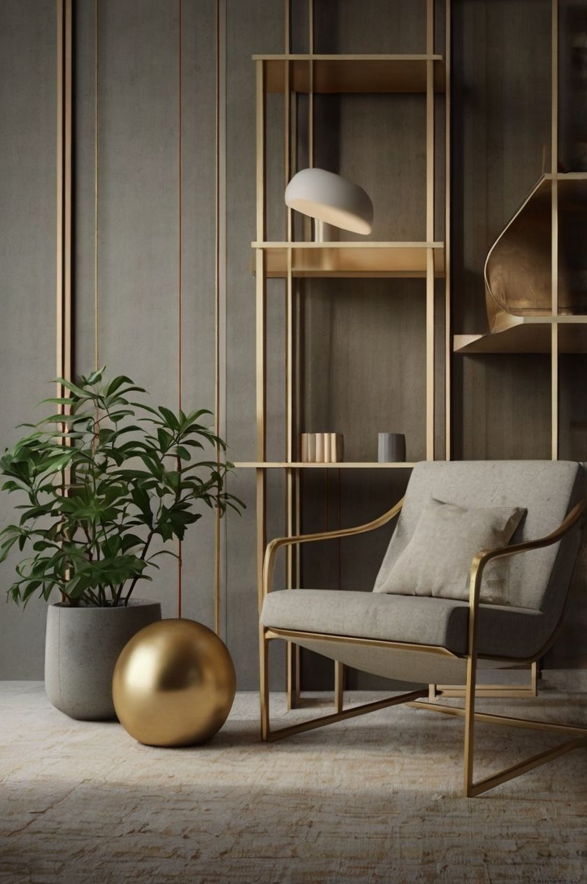 Sala de estar moderna con estanterías doradas, silla gris, planta en maceta y esfera decorativa dorada.