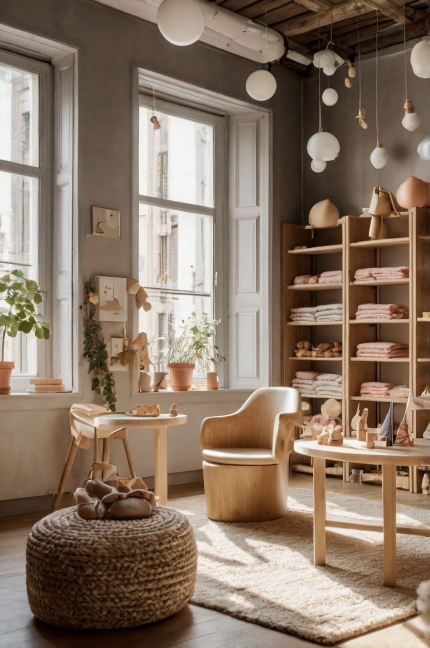 Acogedora sala de estar luminosa con sillas de mimbre, plantas, estantes y decoración colgante.