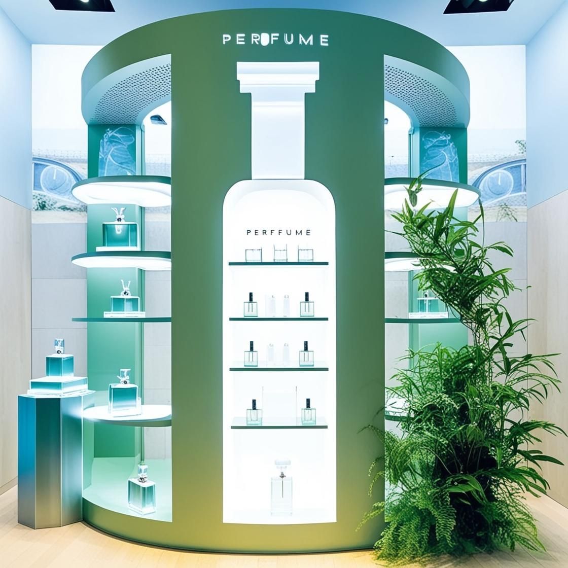 Exhibidor de perfumes moderno con estantes blancos, detalles en color verde azulado y exuberantes plantas verdes en una luminosa boutique.