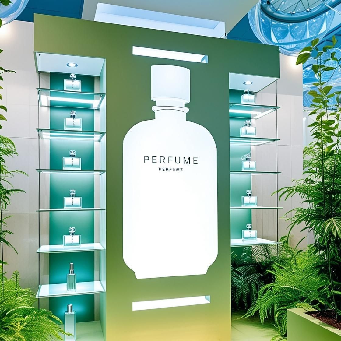 Expositor de perfumes con botella blanca como pieza central, estanterías color turquesa y exuberantes plantas verdes al aire libre.