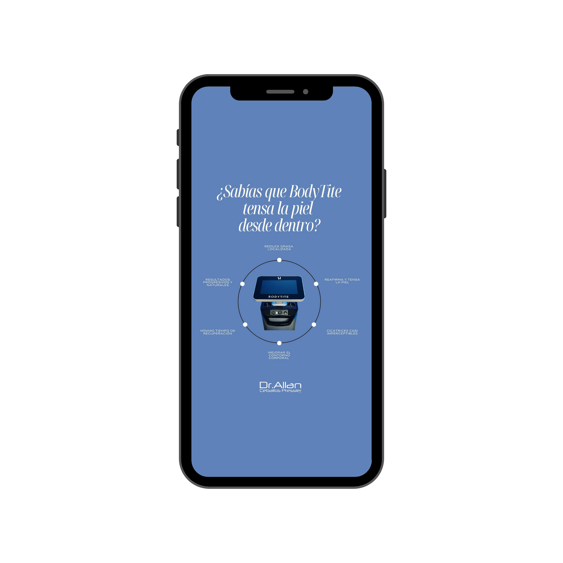 Smartphone que muestra una pantalla de aplicación azul con texto blanco centrado y un pequeño icono en el medio.