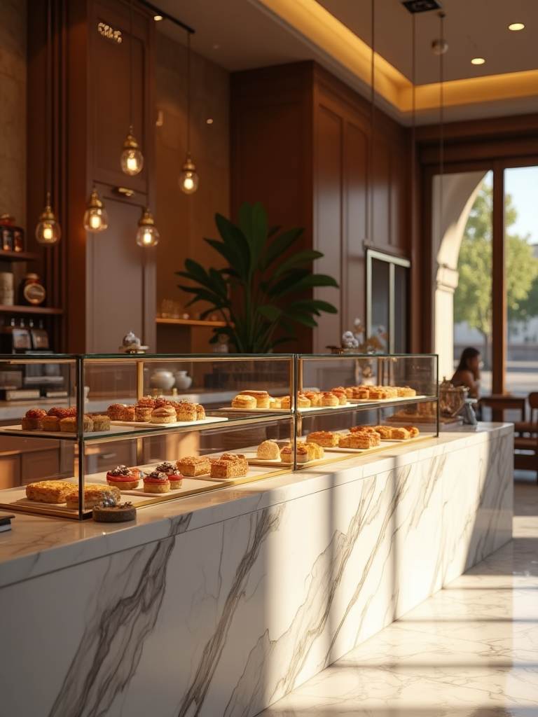 Elegante vitrina de pasteles sobre un mostrador de mármol en una acogedora cafetería con paneles de madera, lámparas colgantes y ventanas arqueadas.