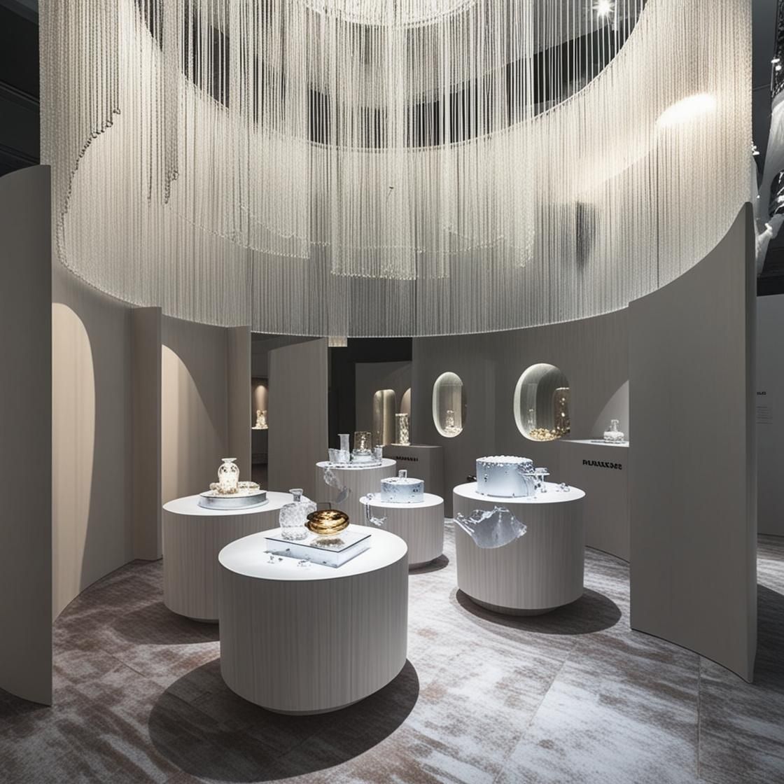 Galería moderna minimalista con mesas de exposición redondas, guirnaldas blancas colgantes e iluminación tenue.