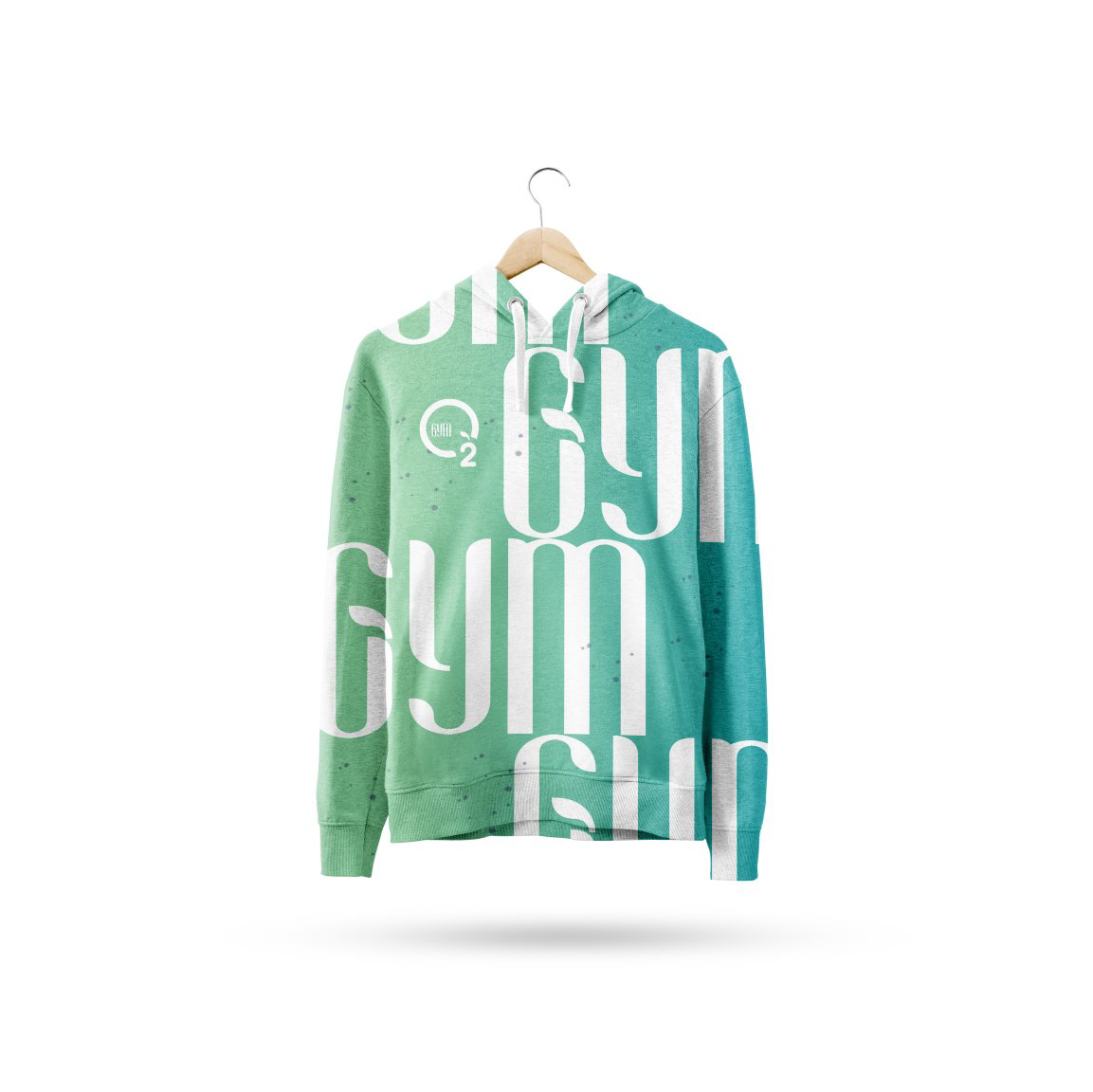 Sudadera con capucha estampada en verde y turquesa en una percha sobre un fondo blanco.