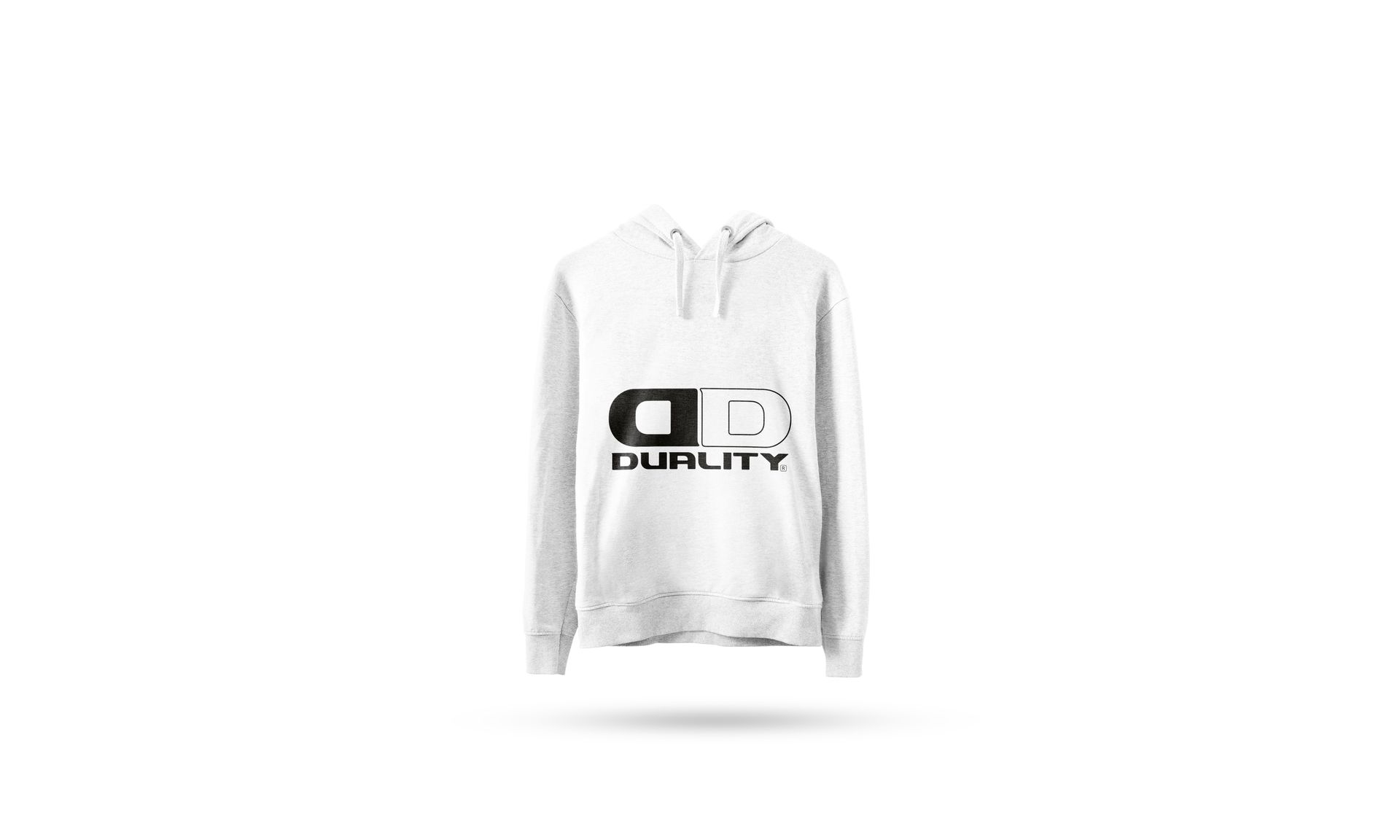 Sudadera blanca con capucha y logotipo negro estampado en la parte delantera, mostrada sobre un fondo liso.