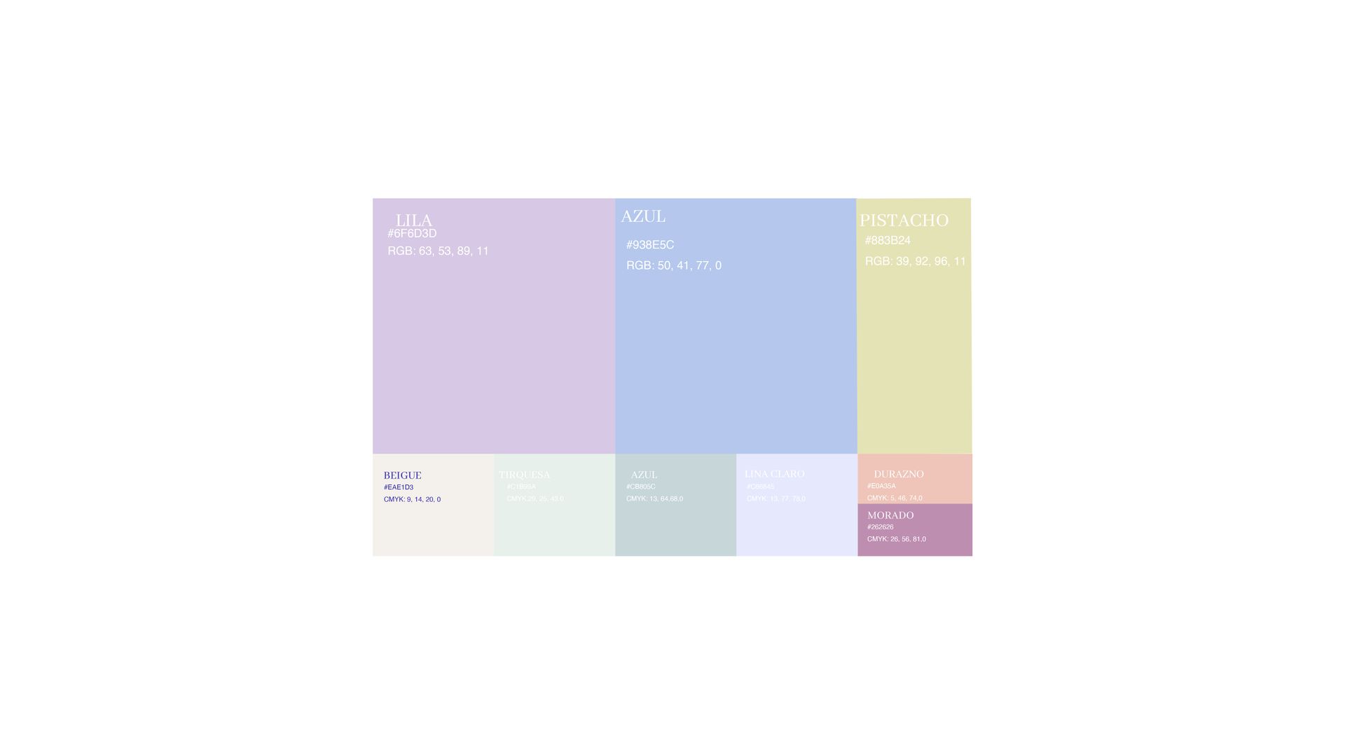 Diseño de paleta de colores pastel con grandes bloques y pequeñas muestras etiquetadas sobre un fondo blanco.