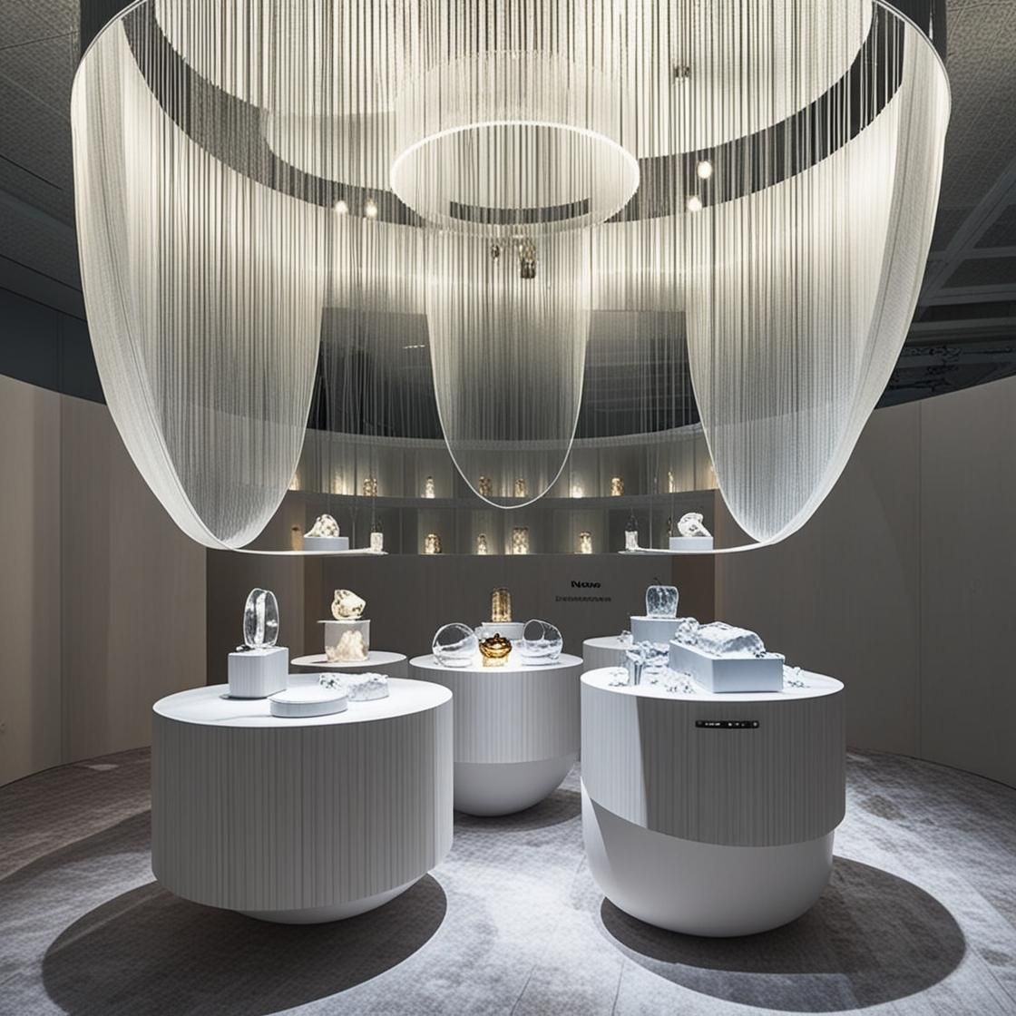 Exhibición de boutique moderna con mesas de pedestal blancas, estantes y lámparas de techo colgantes en una elegante sala de exposición.