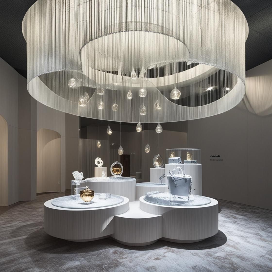 Moderna sala de exposición de joyería con mesas redondas, lámparas colgantes y decoración en tonos neutros.