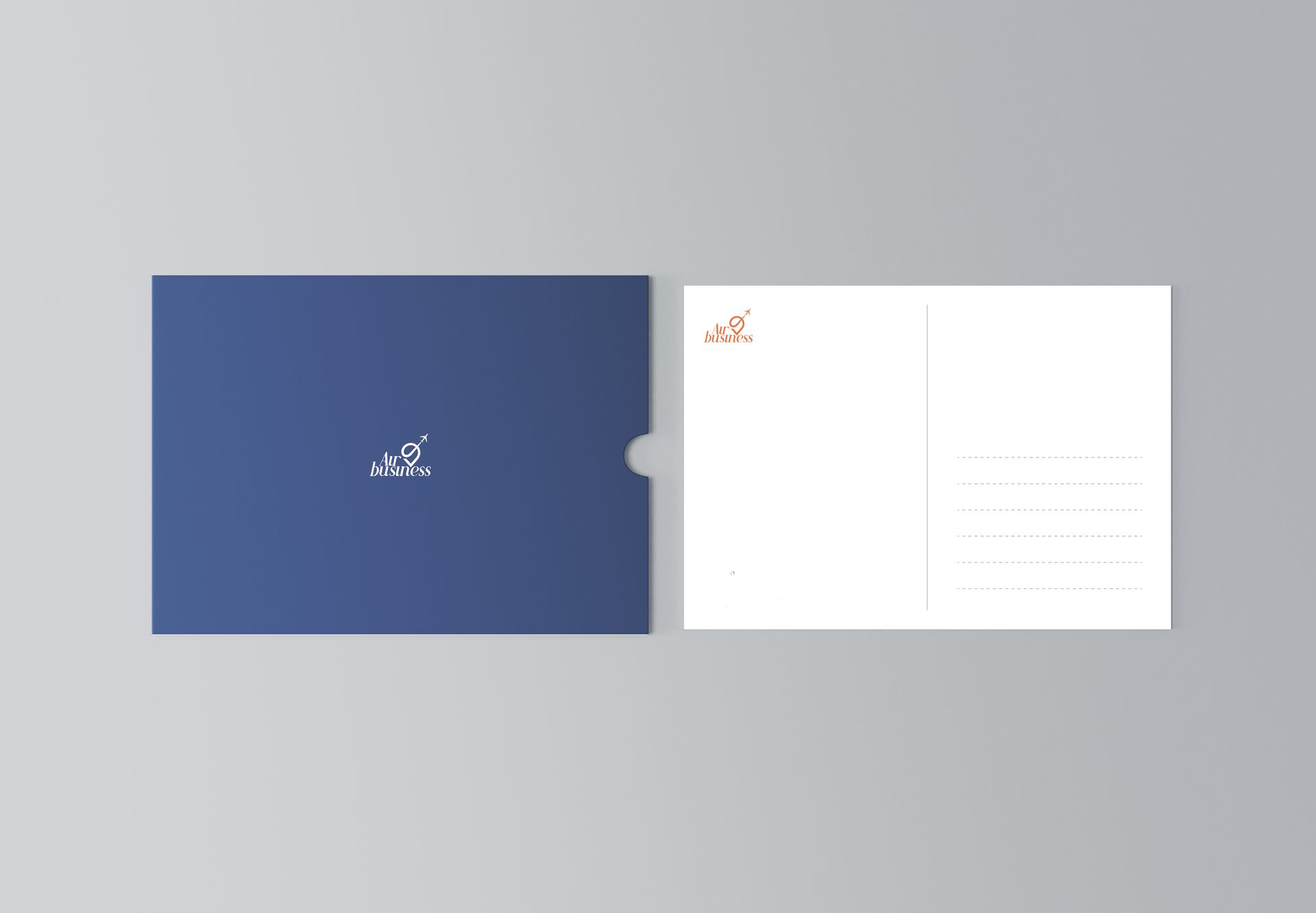 Diseño de dos paneles en azul y blanco con un divisor vertical sobre un fondo gris.
