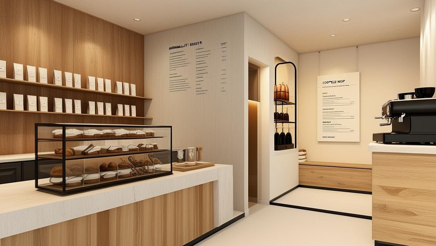 Interior de panadería moderna con pasteles, mostradores de madera, iluminación cálida y paredes blancas minimalistas.