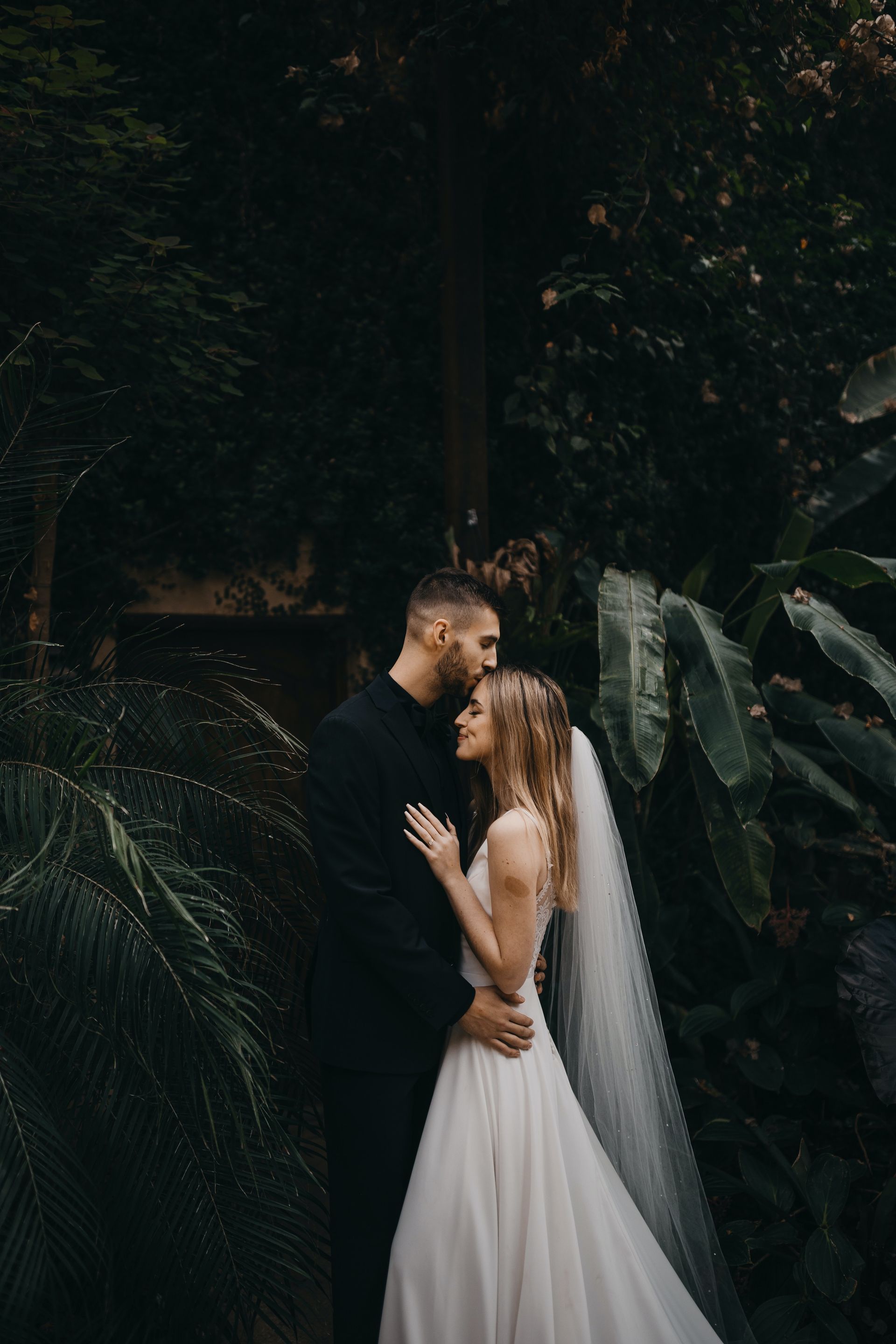 Novios abrazándose en un jardín oscuro y frondoso; la novia luce un vestido blanco y velo.